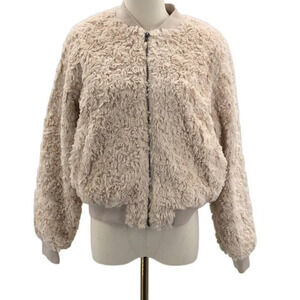 COMPANIA FANTASTICA SZ L cream faux fur full Zip bomber winter jacket NWT 0B5